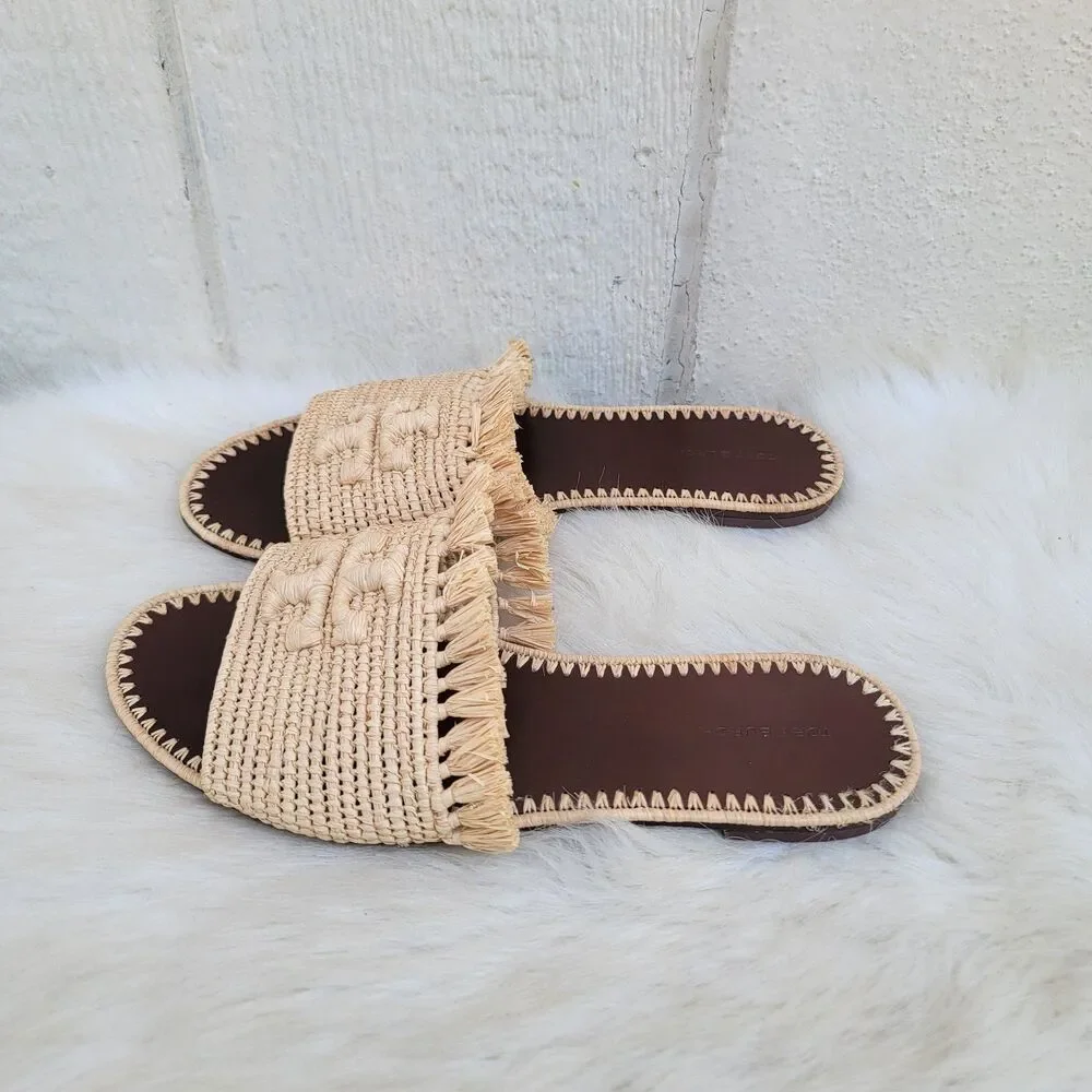 Tory Burch Eleanor Raffia Woven Beige Fringe Slide Sandal Sz 9 Beachy Coastal